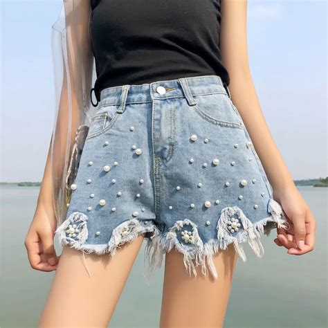 Smmer Women Pearl Tassel Shorts Denim Pants Slim High Waist Denim Micro Shorts Fashion Street