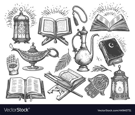 Islam Concept Sketch Worship Religious Objects Vector Image