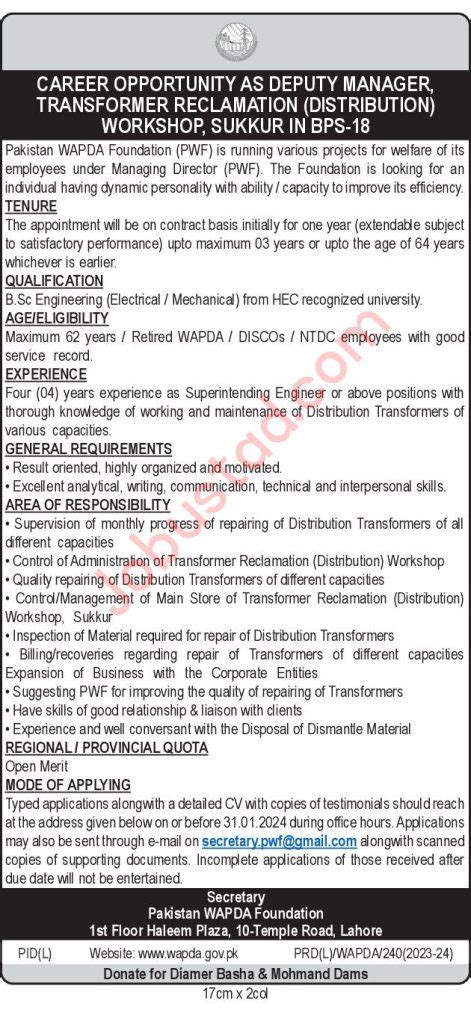 Latest Pakistan Wapda Foundation Jobs In Lahore January 2024 Advertisement