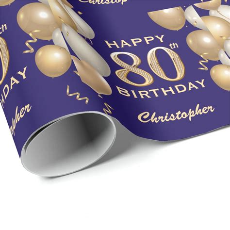 80th Birthday Navy Blue And Gold Glitter Balloons Wrapping Paper Zazzle