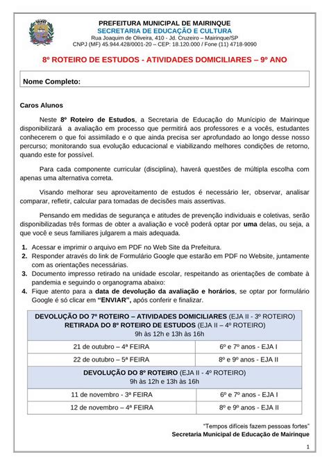 PDF 8º ROTEIRO DE ESTUDOS ATIVIDADES DOMICILIARES 9º ANO 2020 10