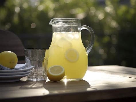 Premium AI Image | A pitcher of lemonade sits on a table with a glass ...