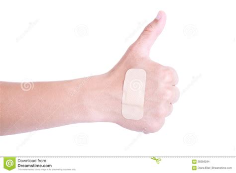 Close Up Of Male Hand With Adhesive Plaster Thumbs Up Isolated O Stock