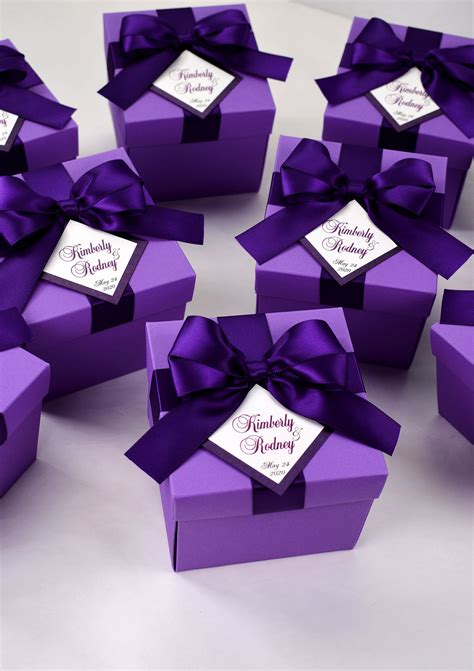 Purple Wedding Favor Box With Satin Ribbon Bow And Custom Names