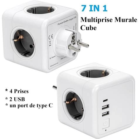 Prise USB MultipleMultiprise Murale Cube 4 Prises Avec 3 USB Secteur 7