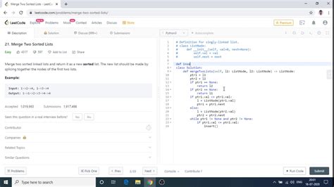 Merge Two Sorted Lists Leetcode Solution Python Youtube
