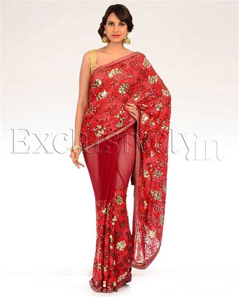 Sequin Embellished Red Net Sari Formal Dresses Long Fashion Prom