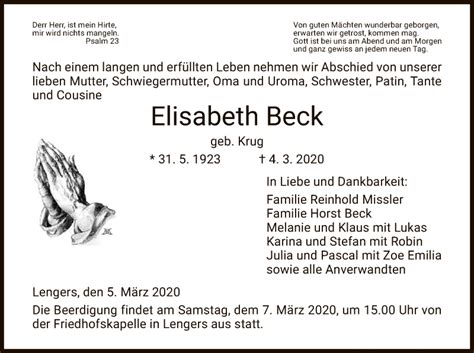 Traueranzeigen Von Elisabeth Beck Trauer Hersfelder Zeitung De