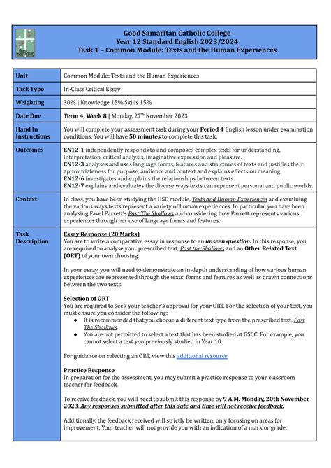 12 English Standard Task 1 2023 2024 Good Samaritan Catholic College