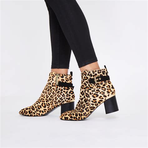 River Island Suede Brown Leopard Print Block Heel Ankle Boots Lyst