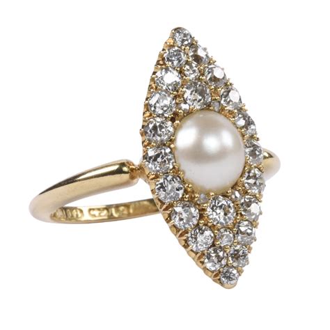 Victorian K Gold Diamond Pearl Navette Ring Ejay Antiques