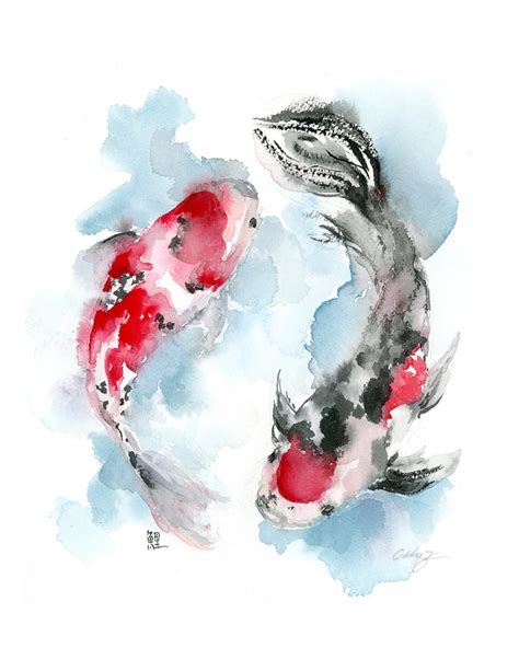 Koi Fish Watercolor Art Modern Koi Fish Art Print Koi Fish Yin Yang