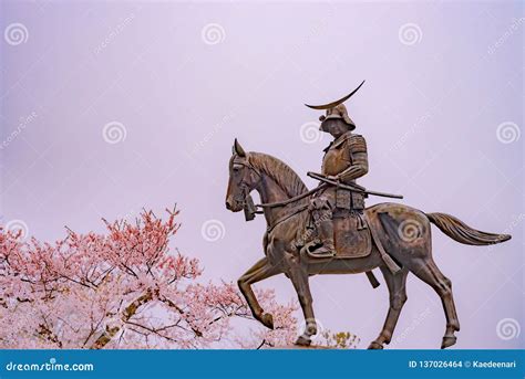 A Statue Of Masamune Date On Horseback Entering Sendai Castle In Full