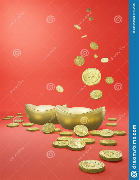 Gold Sycee Yuanbao And Crypto Coins Digital Yuan On Red Background