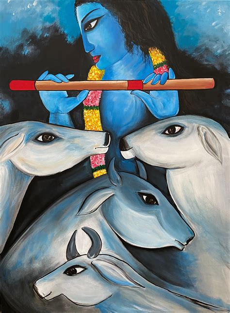 Krishna Acrylic Painting Lord Krishna With Cows Large Etsy