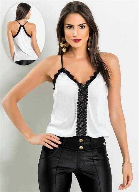 Blusa Chiffon Detalhe Em Renda Branca E Preta Posthaus Moda