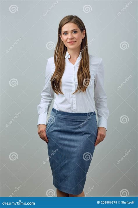 Smiling Young Business Woman With Long Hair Wearing White Shirt Stock