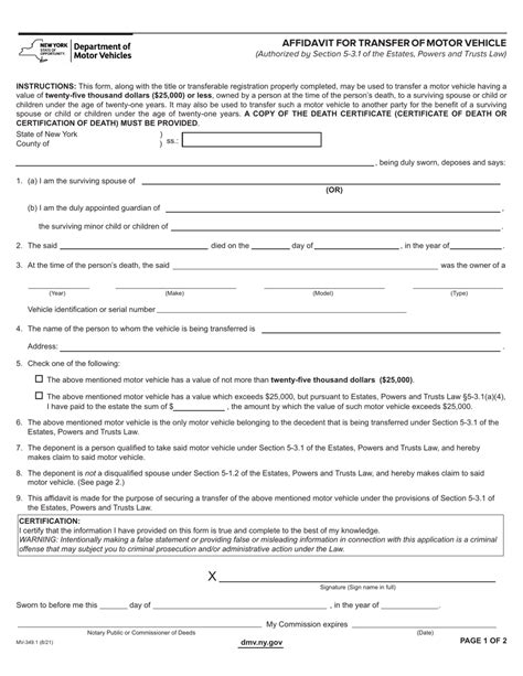 Form Mv 3491 Download Fillable Pdf Or Fill Online Affidavit For