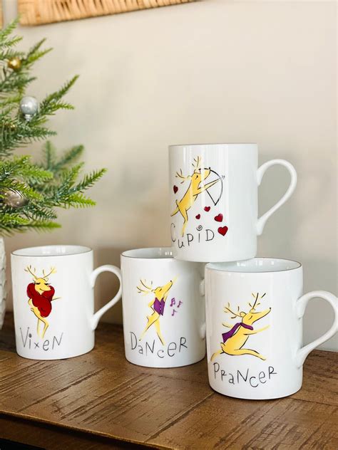 Set Of Four Pottery Barn Reindeer Mugs Dasher Vixen Etsy