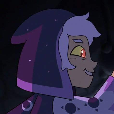 an animated character with purple hair and yellow eyes