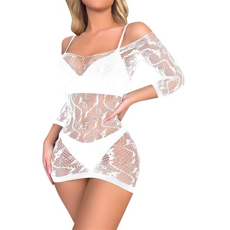 Bjutir Women Fishnet Jumpsuit Longsleeve Camisole Lingerie Nightgowns