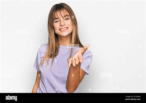 Teenager Caucasian Girl Wearing Casual Clothes Smiling Friendly