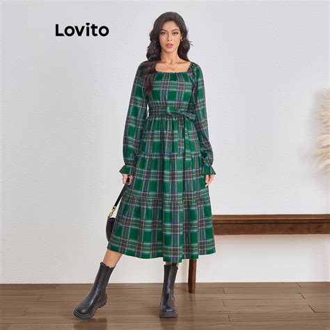 Lovito Vestido Casual Xadrez Cinto E Camada Em Camadas Para