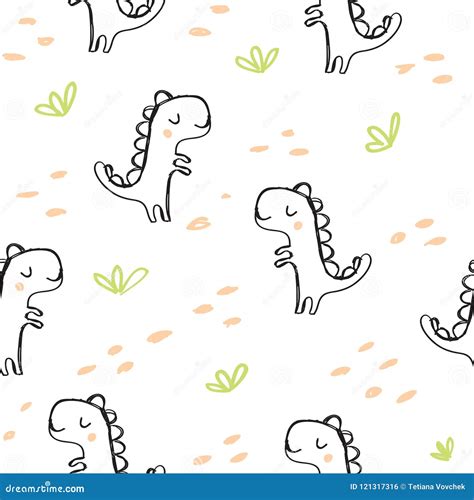 Cute Dinosaur And Doodles Seamless Pattern Stock Vector Illustration