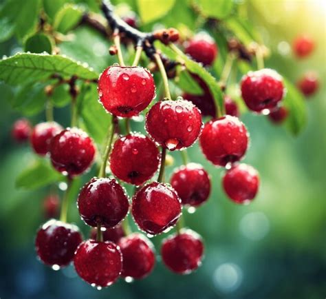 Premium Photo Bunch Of Ripe Red Cherries On A Branch In The Garden