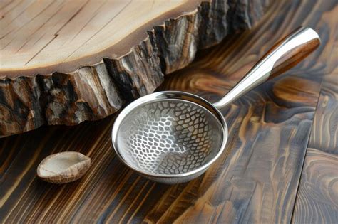 Metal Strainer On Wooden Table Premium Ai Generated Image