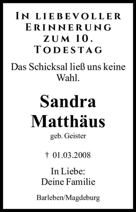 Traueranzeigen Von Sandra Matth Us Geb Geister Abschied Nehmen De