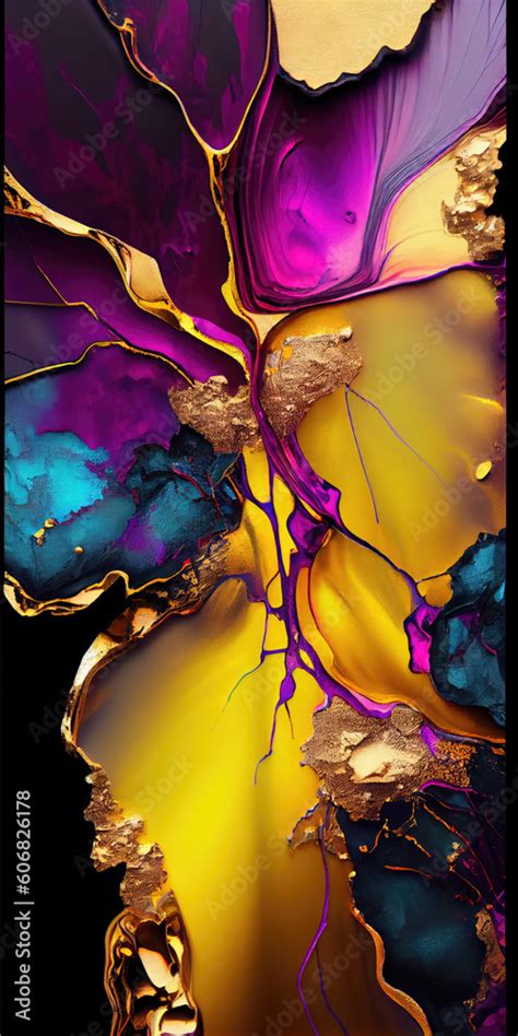 Pintura abstrata de cores vivas arte tinta a álcool ouro e prata