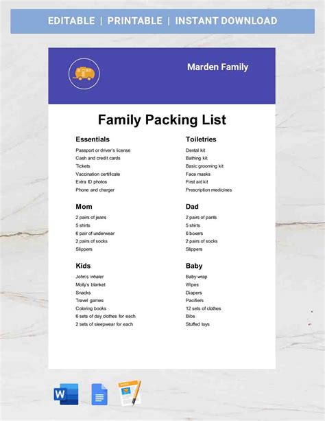 Export Packing List Template Google Docs Word Apple Pages