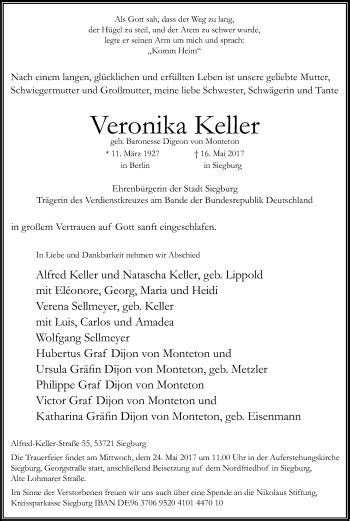 Traueranzeigen Von Veronika Keller WirTrauern