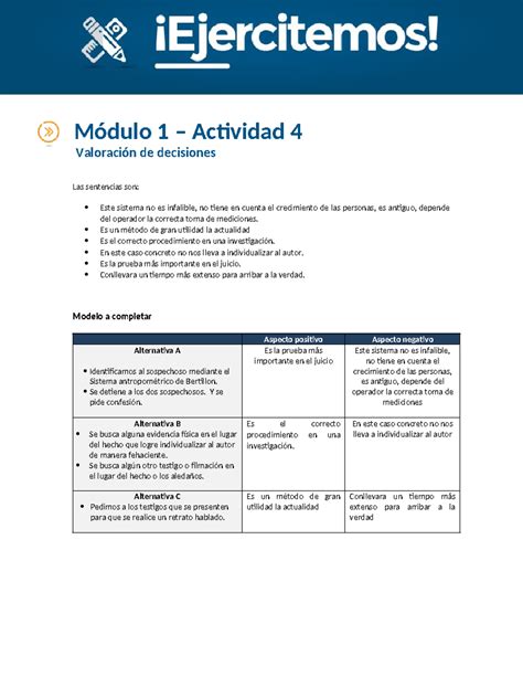 Actividad 4 M1 modelo Módulo 1 Actividad 4 Valoración de decisiones