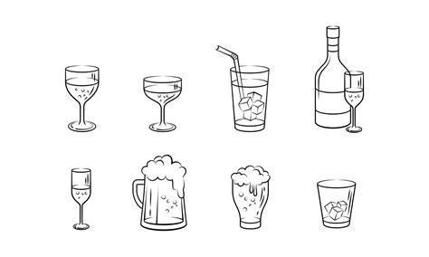 Outlined Vector Illustration Of Wine And Drinking Glasses Suitable For Design Element Of Bar