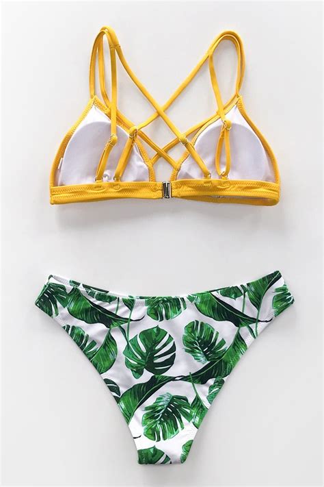 Yellow And Leafy Print Bikini Set