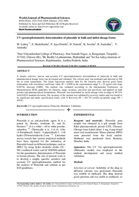 (PDF) UV spectrophotometric determination of pimozide in bulk and tablet dosage forms