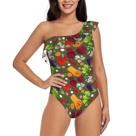 Easygdp Begetable Womens One Shoulder Ruffle Monokini Bathing Suits