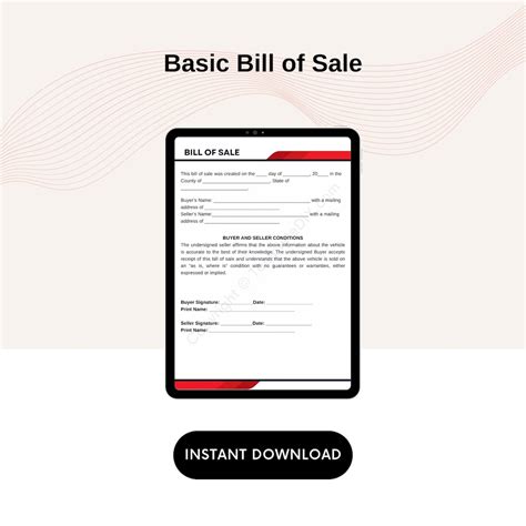 Basic Bill Of Sale Blank Printable Form Template In Pdf And Word Etsy