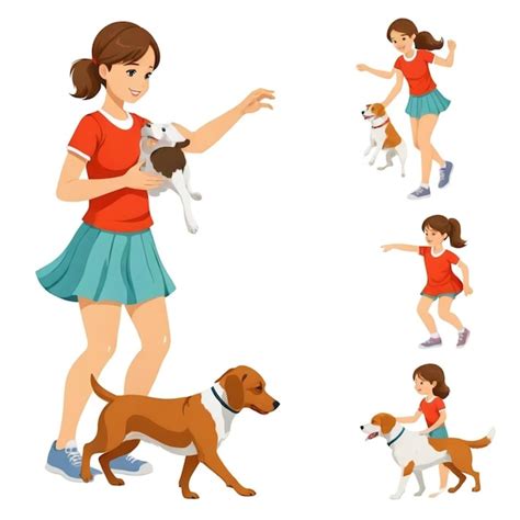 Girl Playing With A Dog Vector Set White Background Isolated A High