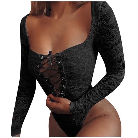 Gdreda Plus Size Sexy Lingerie Womens Solid Color Square Neck Long Sleeved 1 Piece Lace Strap