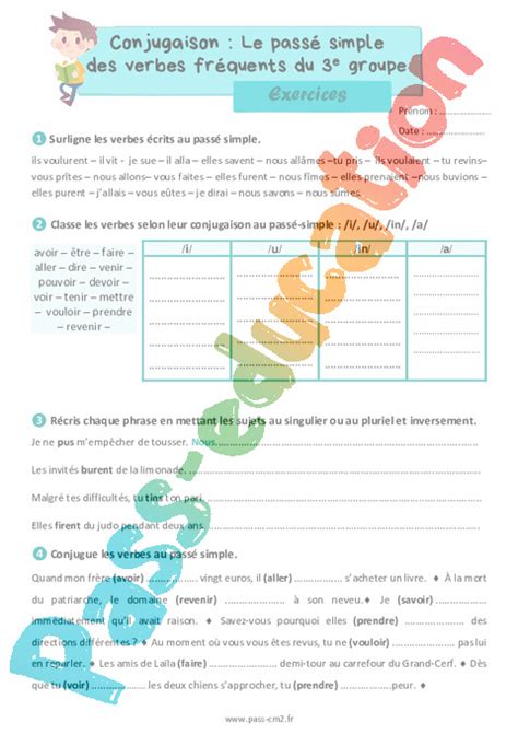 Le Pass Simple Des Verbes Fr Quents Du E Groupe Exercices De