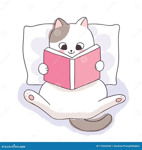 Cartoon Cute Book Day Adorable White Cat Reading Book Vector Stock