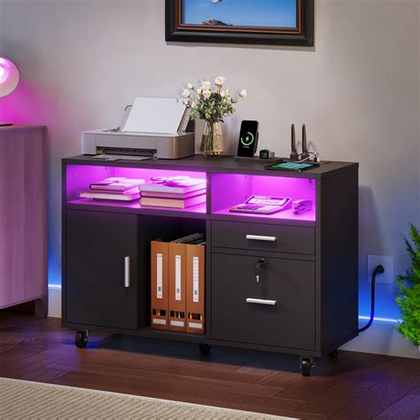 Dextrus Wood File Cabinet With Led Light And Lock Drawer Mobile