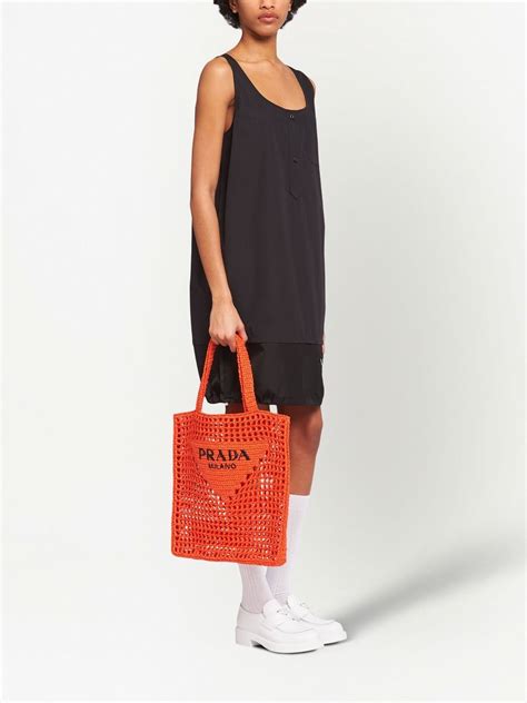 Prada Triangle Logo Crochet Raffia Tote Bag Orange Farfetch