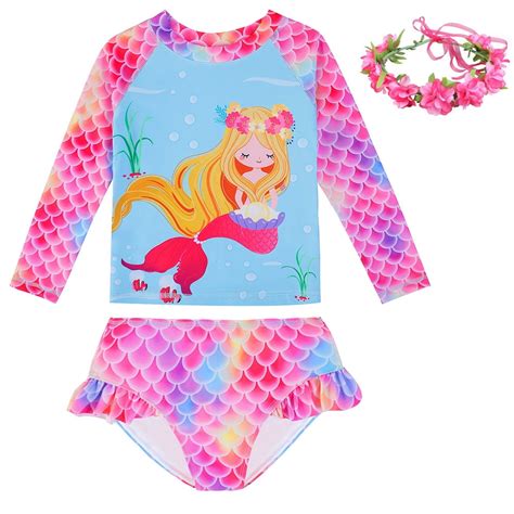 Girls Mermaid Two Piece Swimsuits Long Sleeve Rash Guard Zipper Front Bathing Suit Upf 50