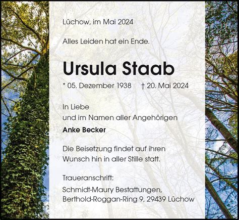 Das Trauerportal F R L Chow Dannenberg Todesanzeigen Ursula Staab