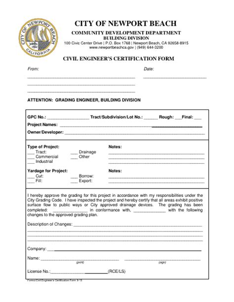 City Of Newport Beach California Civil Engineer S Certification Form Fill Out Sign Online