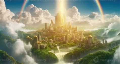 An Image Of A City In The Sky With Rainbows And Clouds Above It